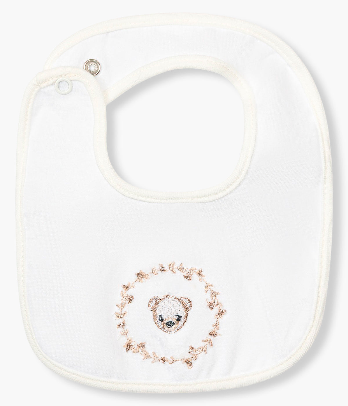 Vista traseira babete pérola da Baby Gi para bebé e recém-nascido(a), 100% algodão. Elegante babete de formato quadrado com fofo focinho de urso bordado na frente.