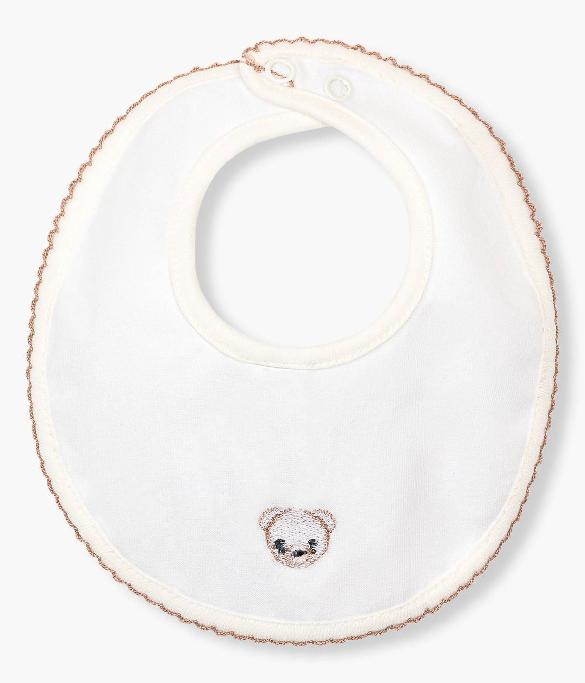Vista traseira da babete pérola da Baby Gi para bebé e recém-nascido(a), 100% algodão. Elegante babete de formato redondo com fofo focinho de urso bordado na frente a combinar com a picueta.