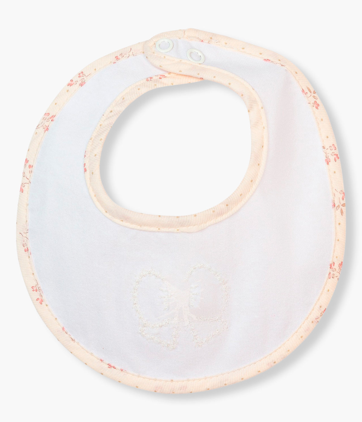 Vista traseira da babete rosa da Baby Gi para bebé menina e recém-nascida, 100% algodão. Elegante babete de formato redondo com laço bordado e contornos com padrão pequenas flores.