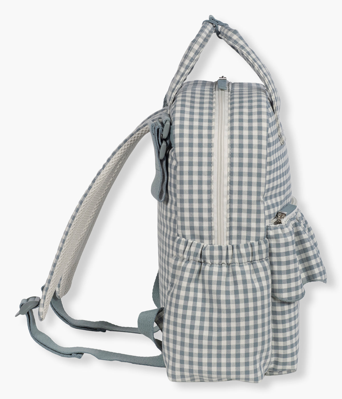 Vista de lado da Mochila de Maternidade Walking Mum Praliné Vichy Matcha.