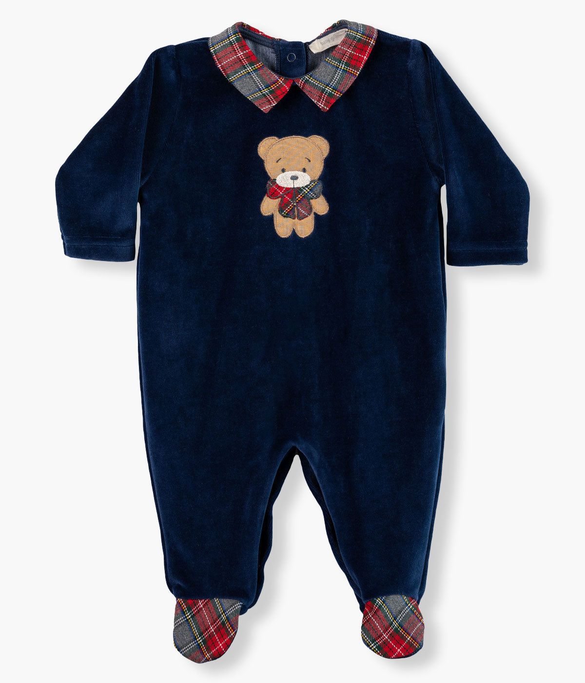 Babygrow em Veludo para Bebé Urso Xadrez - Azul Marinho