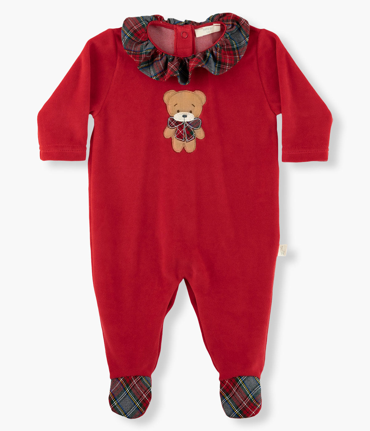 Babygrow em Veludo para Bebé Urso Xadrez - Vermelho