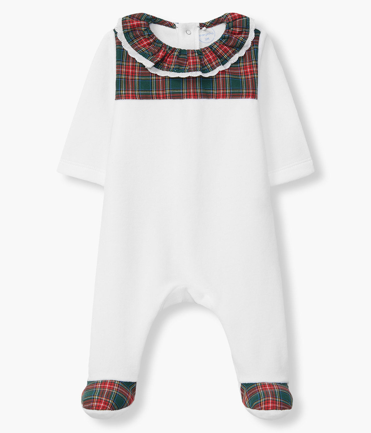 Babygrow Veludo Gola Folho com Xadrez para Bebé - Branco