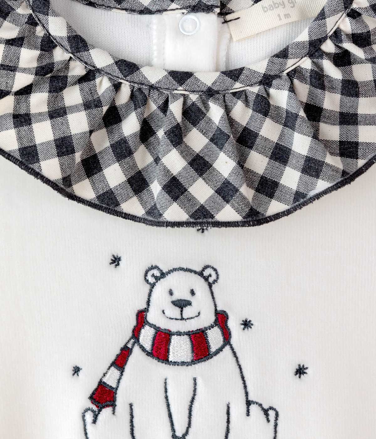 Babygrow em Veludo Gola Folho Bebé Urso Polar - Pérola