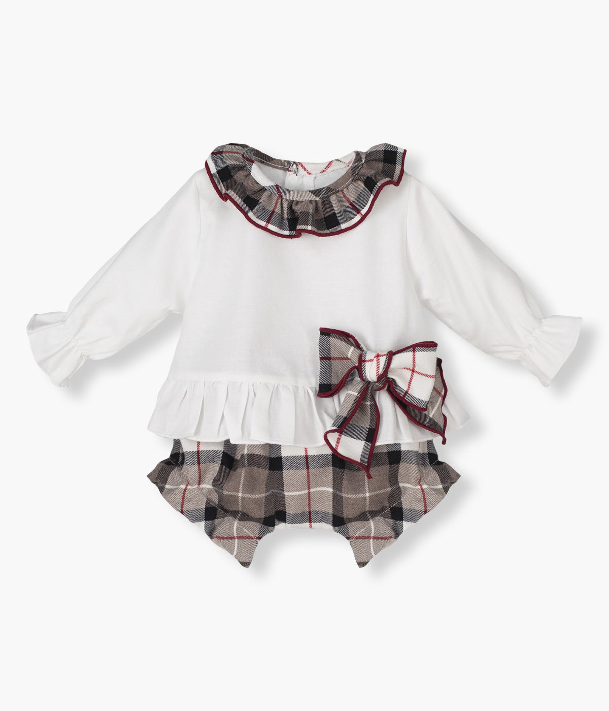 Blusa com Tapa Fraldas para Bebé Menina Xadrez 2pc - Branco e Bege