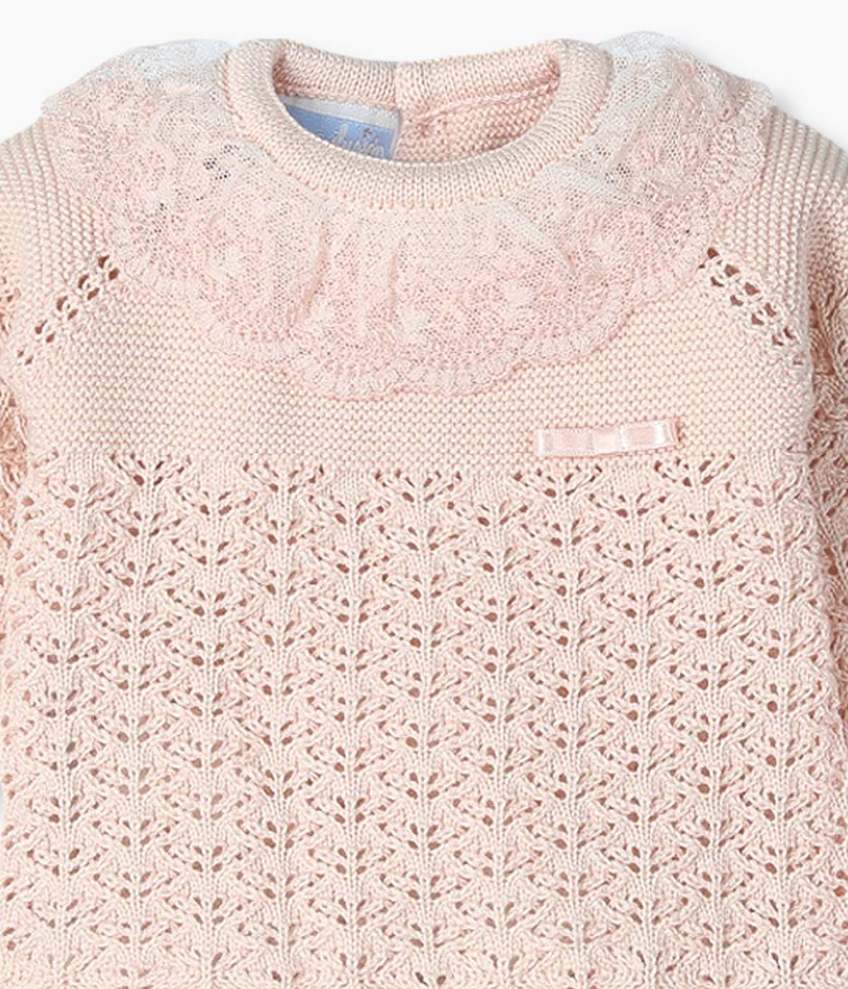 Conjunto de Malha com Gola Renda Bebé Menina 3pc - Nude