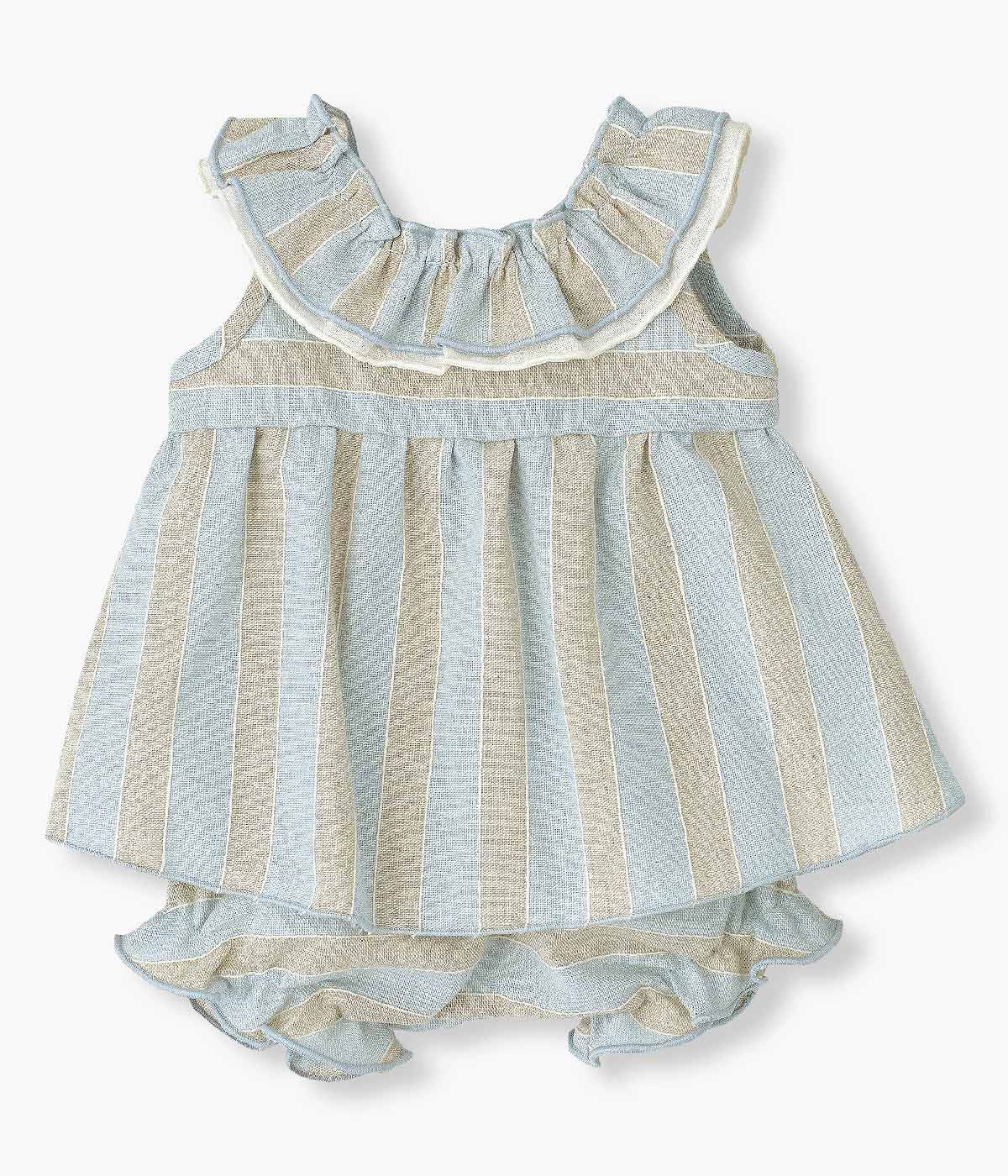 Vestido com Tapa Fraldas Bebé Menina Riscas - Azul e Bege