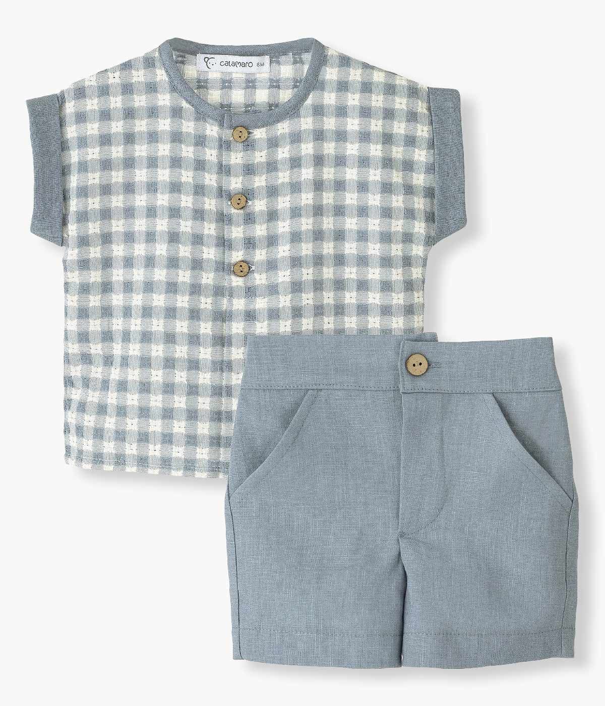 Conjunto em Algodão e Linho para Bebé Menino Vichy 2pc - Azul