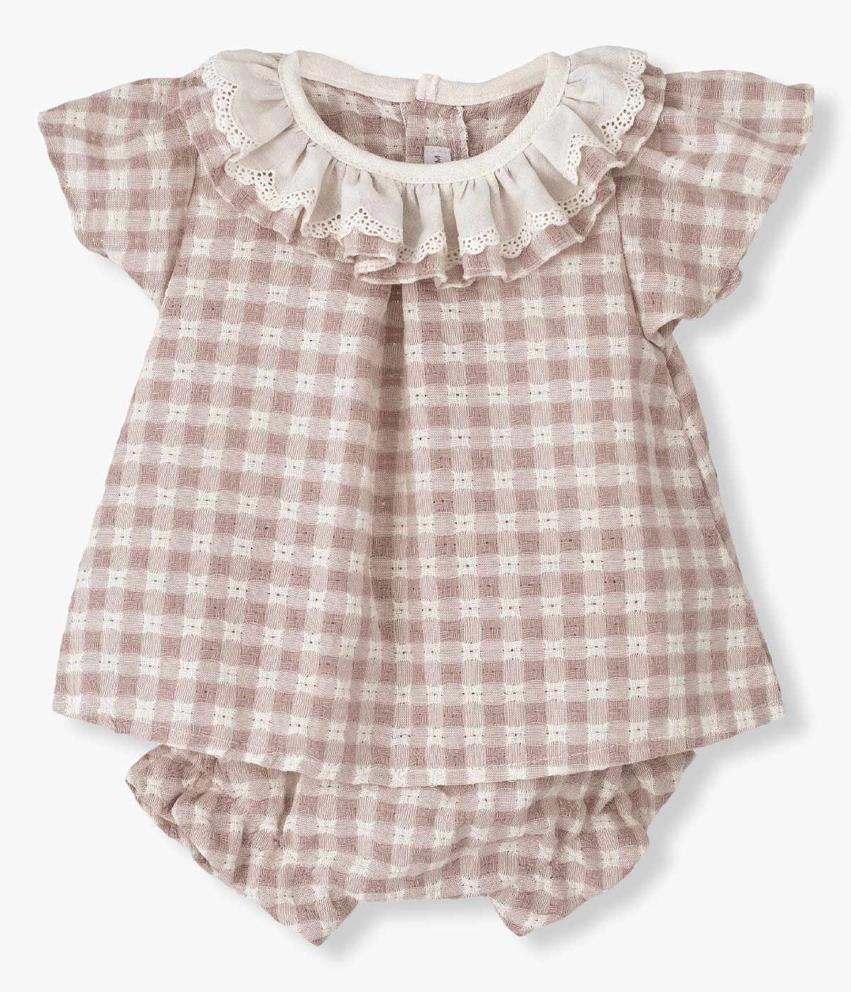 Vestido com Tapa Fraldas em Algodão Bebé Menina Vichy 2pc