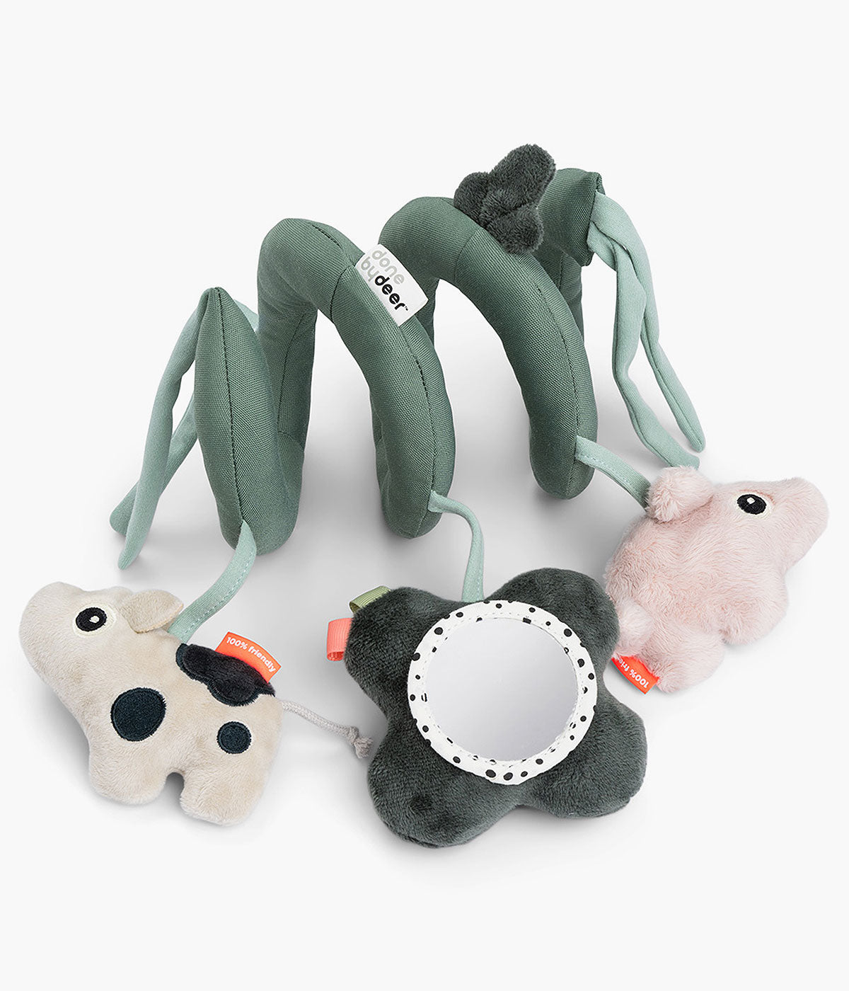 A Espiral de Atividades Tiny Farm da Done by Deer é um brinquedo interativo pensado para estimular os sentidos do bebé e entretê-lo em qualquer lugar. Com sons, texturas e um pequeno espelho, transforma cada momento numa nova experiência sensorial.
