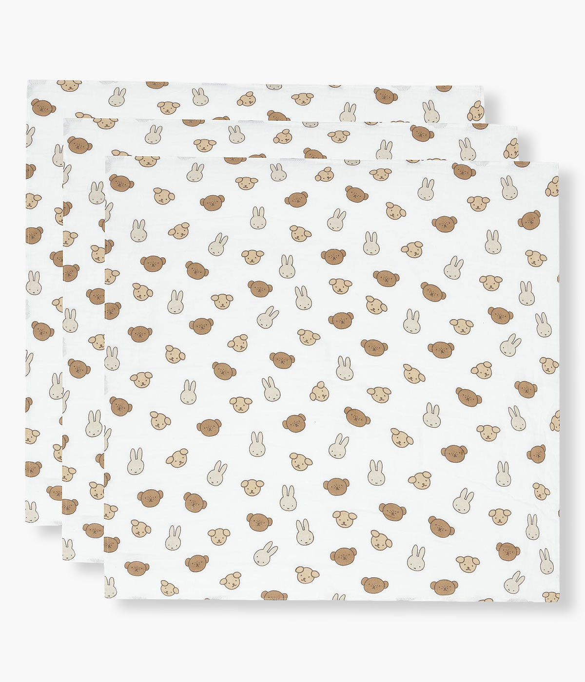 Pack de 3 fraldas musselina em algodão branco da Jollein com padrão Miffy & Friends castanho para bebé e recém-nascido(a). Suaves e respiráveis fraldas, perfeitas para vários momentos tais como alimentação ou apoio na muda da fralda.