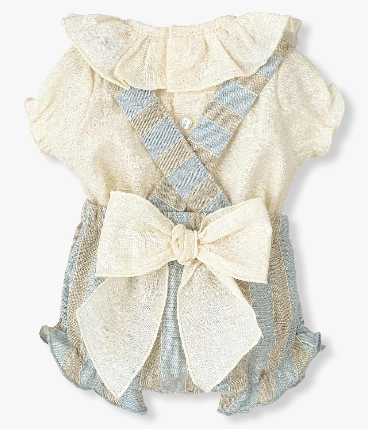 Conjunto Algodão e Linho Bebé Menina Riscas 2pc - Azul e Bege