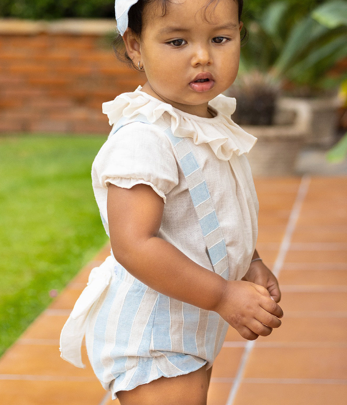 Conjunto Algodão e Linho Bebé Menina Riscas 2pc - Azul e Bege