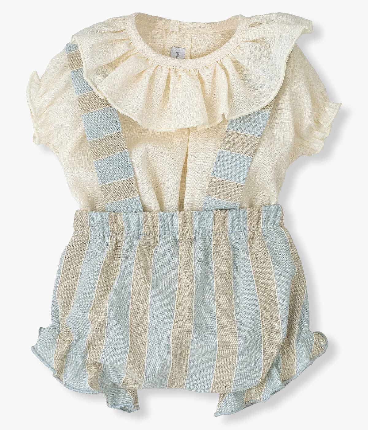 Conjunto Algodão e Linho Bebé Menina Riscas 2pc - Azul e Bege