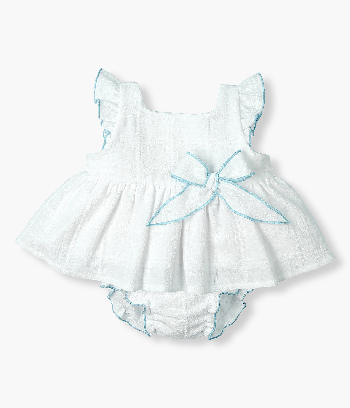Vestido c/ Tapa Fraldas Algodão Bebé Menina 2pc - Branco e Azul