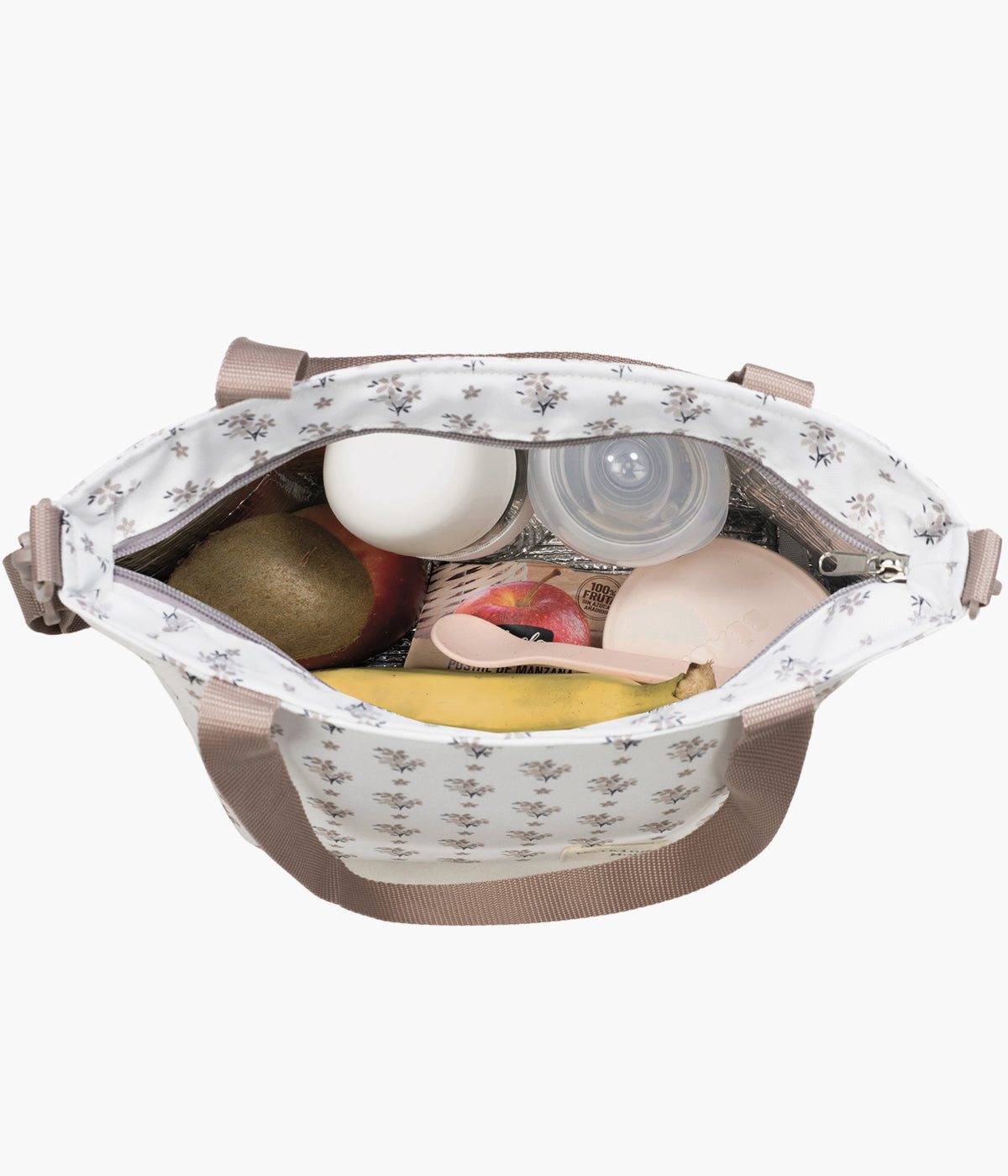 Vista interior com conteudo da Bolsa Térmica XL Walking Mum Botton Flowers com padrão floral em fundo pérola.