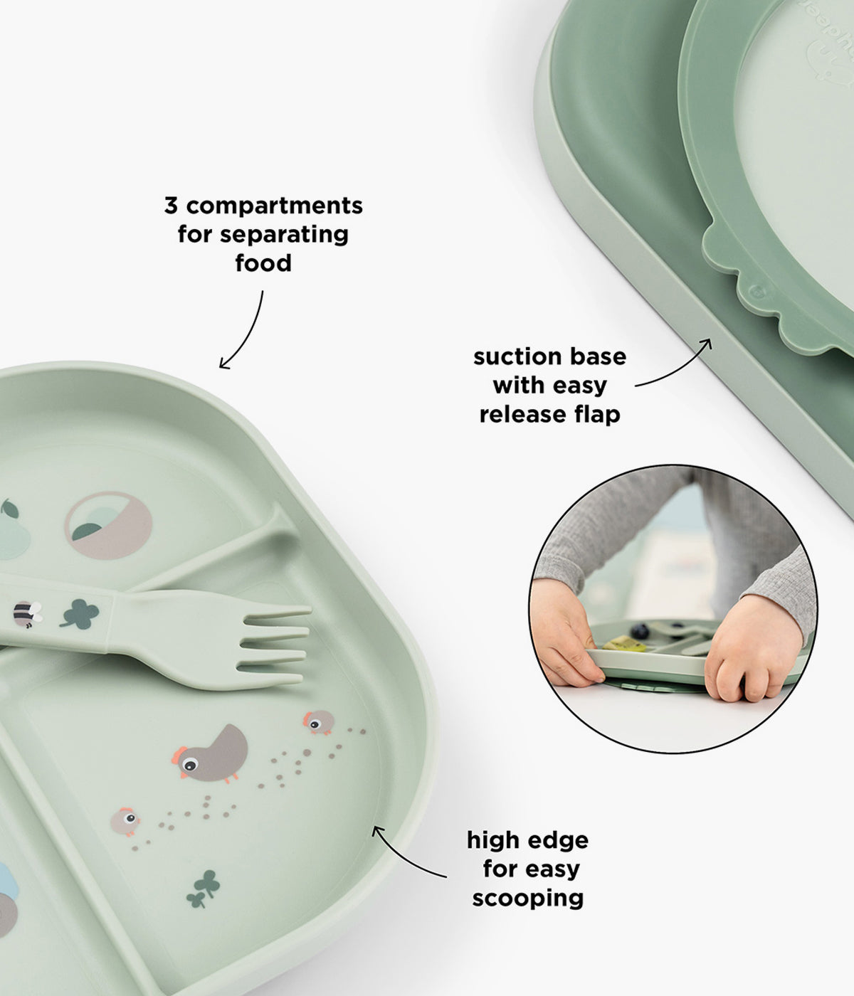 Conjunto de refeição em silicone de grau alimentar Done By Deer Tiny Farm verde composto por prato com ventosa, talheres ergonómicos e copo, ideal para as primeiras refeições do(a) bebé.