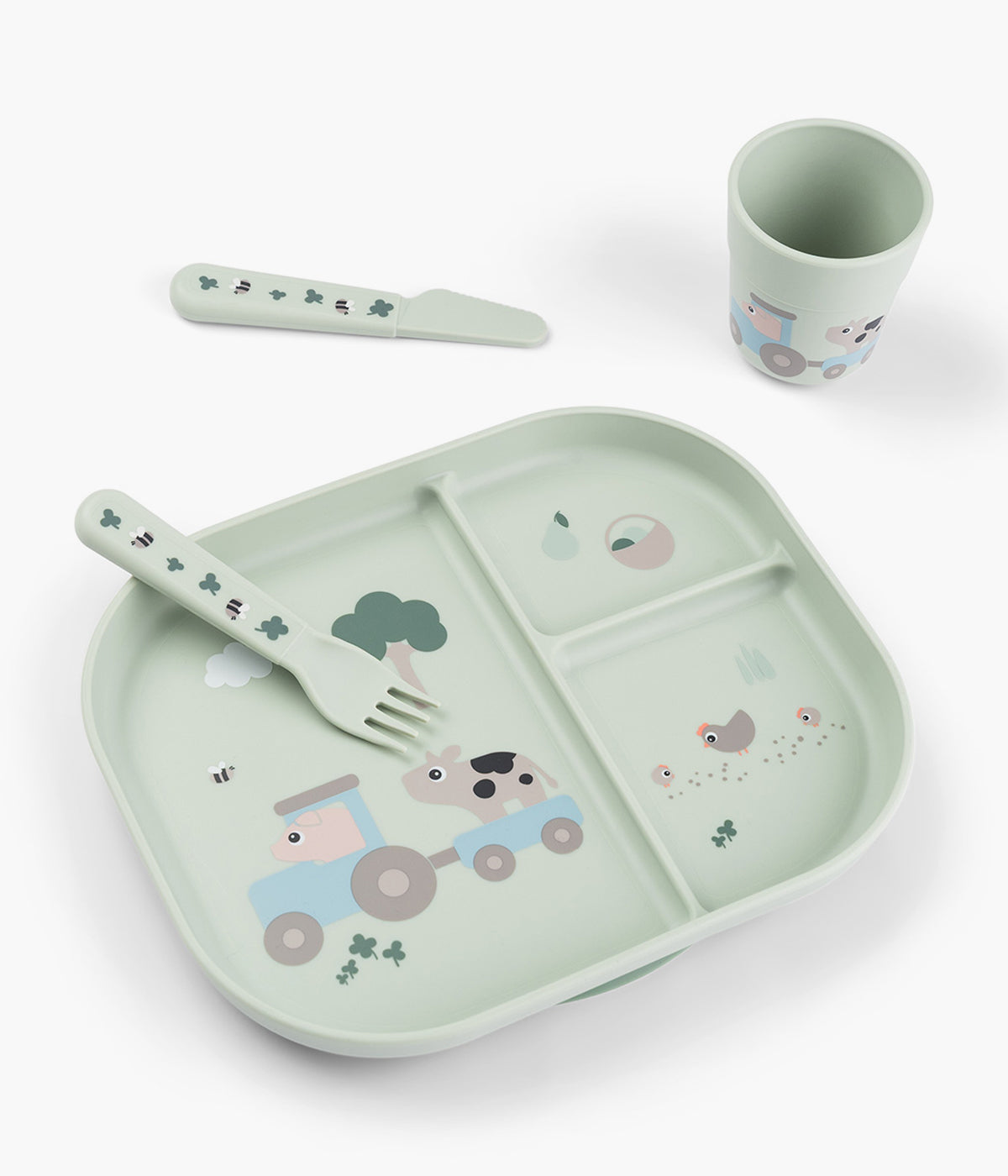 Conjunto de refeição em silicone de grau alimentar Done By Deer Tiny Farm verde composto por prato com ventosa, talheres ergonómicos e copo, ideal para as primeiras refeições do(a) bebé.