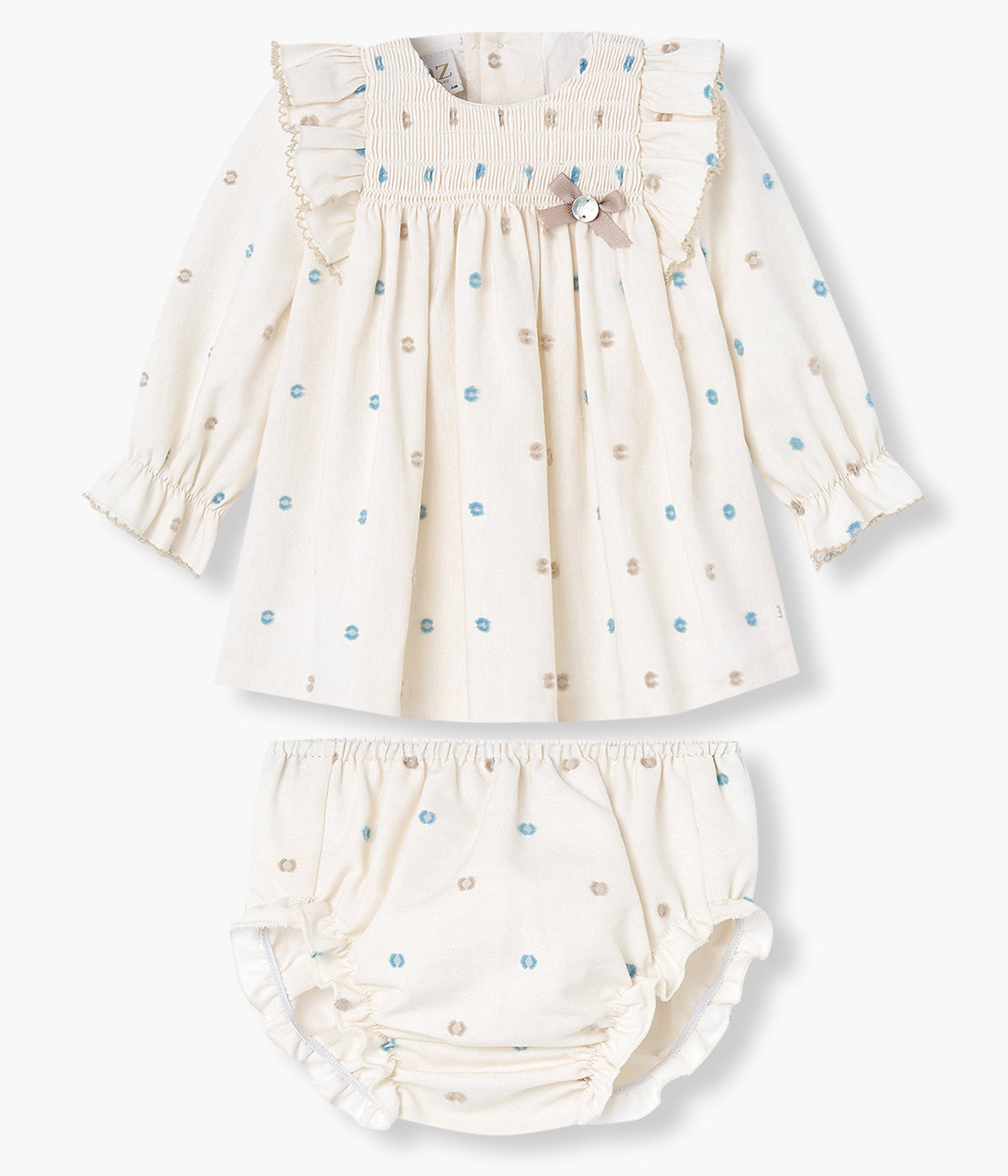 Vestido c/ Tapa Fraldas em Algodão Pintas Bebé Menina - Bege