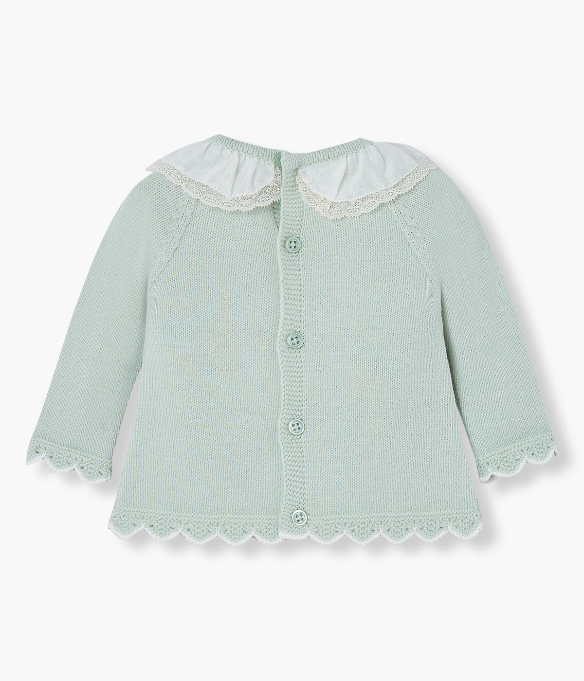 Conjunto de 2 peças em malha verde-água da Paz Rodríguez para bebé menina e recém-nascida. Camisola com gola folho com renda detalhada, detalhes na malha, contornos ondulados e medalha com laço. Calças com pés e efeito espiga entrepernas.