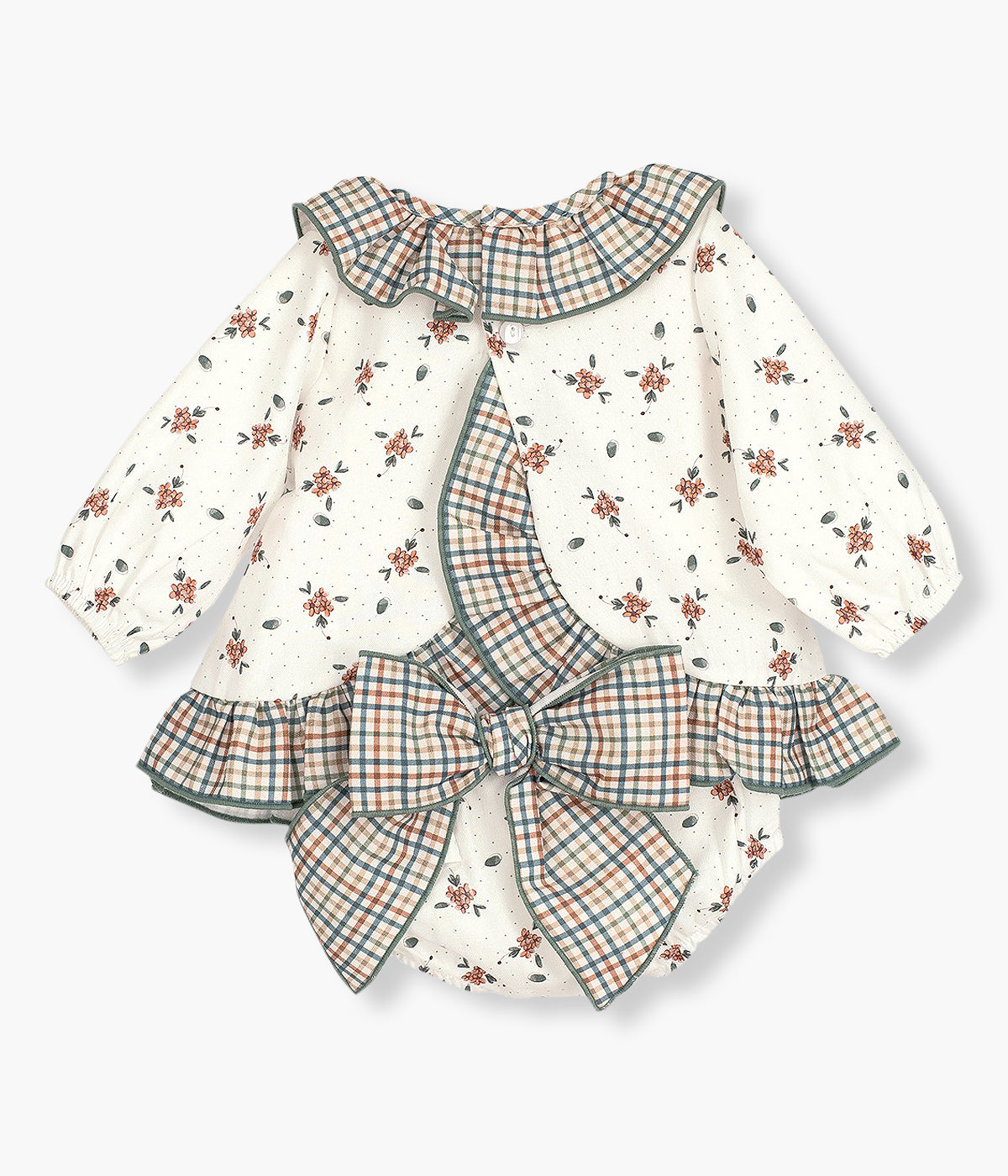 Vestido com tapa fraldas branco da Calamaro Baby para bebé menina e recém-nascida. Elegante vestido com padrão floral e folho na gola e contorno inferior com padrão vichy em tons de bege e verde. Tapa fraldas a combinar com o vestido com laço nas costas.