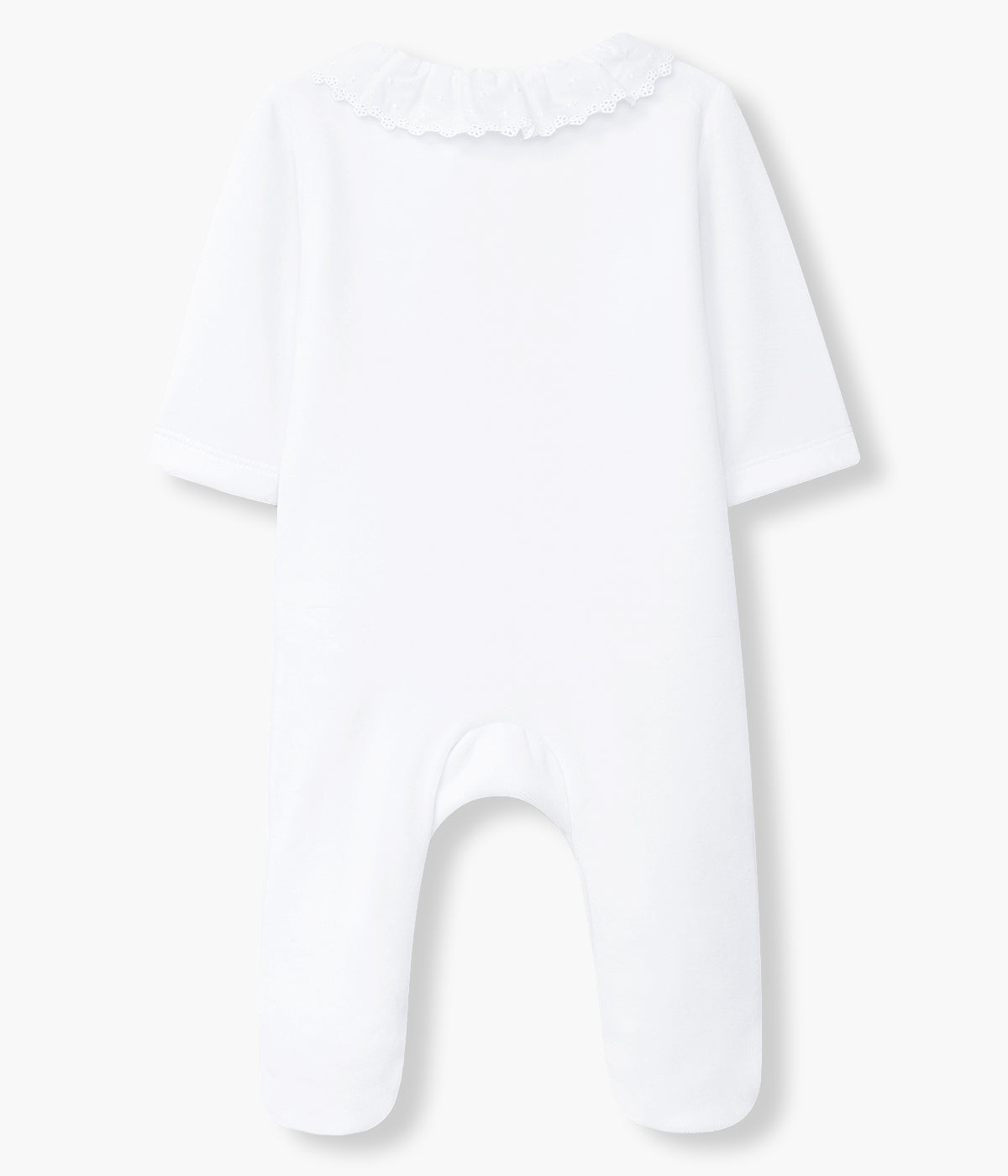 Babygrow em veludo branco da Laranjinha para bebé e recém-nascido(a). Quentinho babygrow com gola folho bordada e abertura na lateral com molas de pressão.