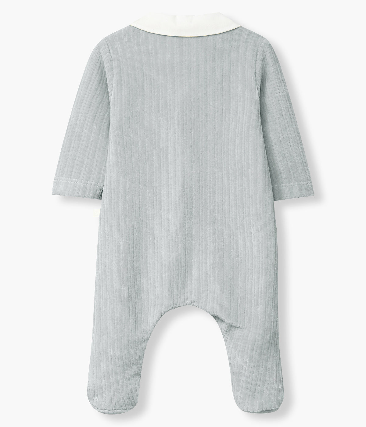 Babygrow em veludo canelado azul-acinzentado da Laranjinha para bebé menino e recém-nascido. Gola redonda cortada em branco e botões decorativos.