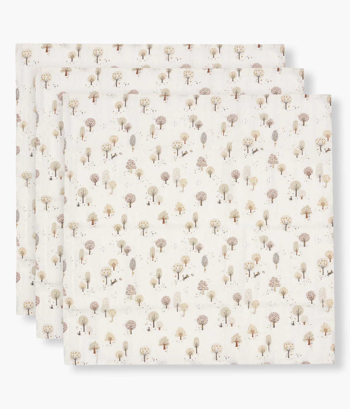 Pack de 3 fraldas musselina em algodão pérola da Jollein da coleção Tiny Park com padrão animais e árvores em tons de bege e castanho. Suaves e respiráveis fraldas, perfeitas para vários momentos tais como alimentação ou apoio na muda da fralda.