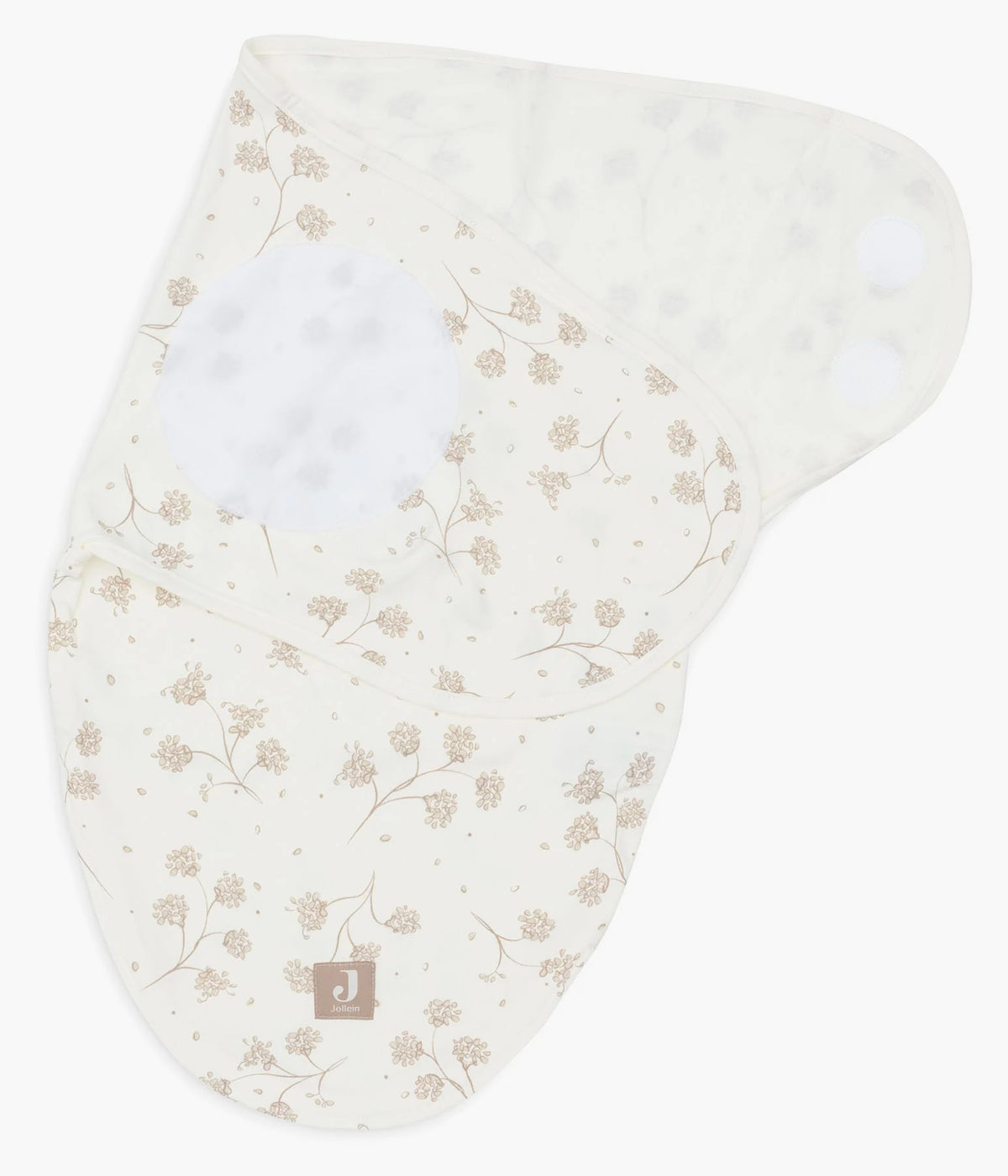 Swaddle wrap pérola marca Jollein com padrão dentes-de-leão em tons de bege para bebé e recém-nascido(a), 100% algodão. Composto por abas com velcro, este swaddle wrap oferece um ajuste suave e seguro, adaptando-se delicadamente ao corpo do bebé.