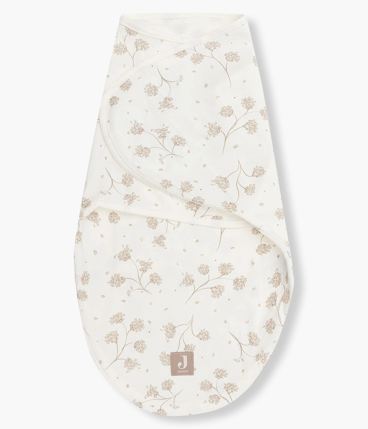 Swaddle wrap pérola marca Jollein com padrão dentes-de-leão em tons de bege para bebé e recém-nascido(a), 100% algodão. Composto por abas com velcro, este swaddle wrap oferece um ajuste suave e seguro, adaptando-se delicadamente ao corpo do bebé.