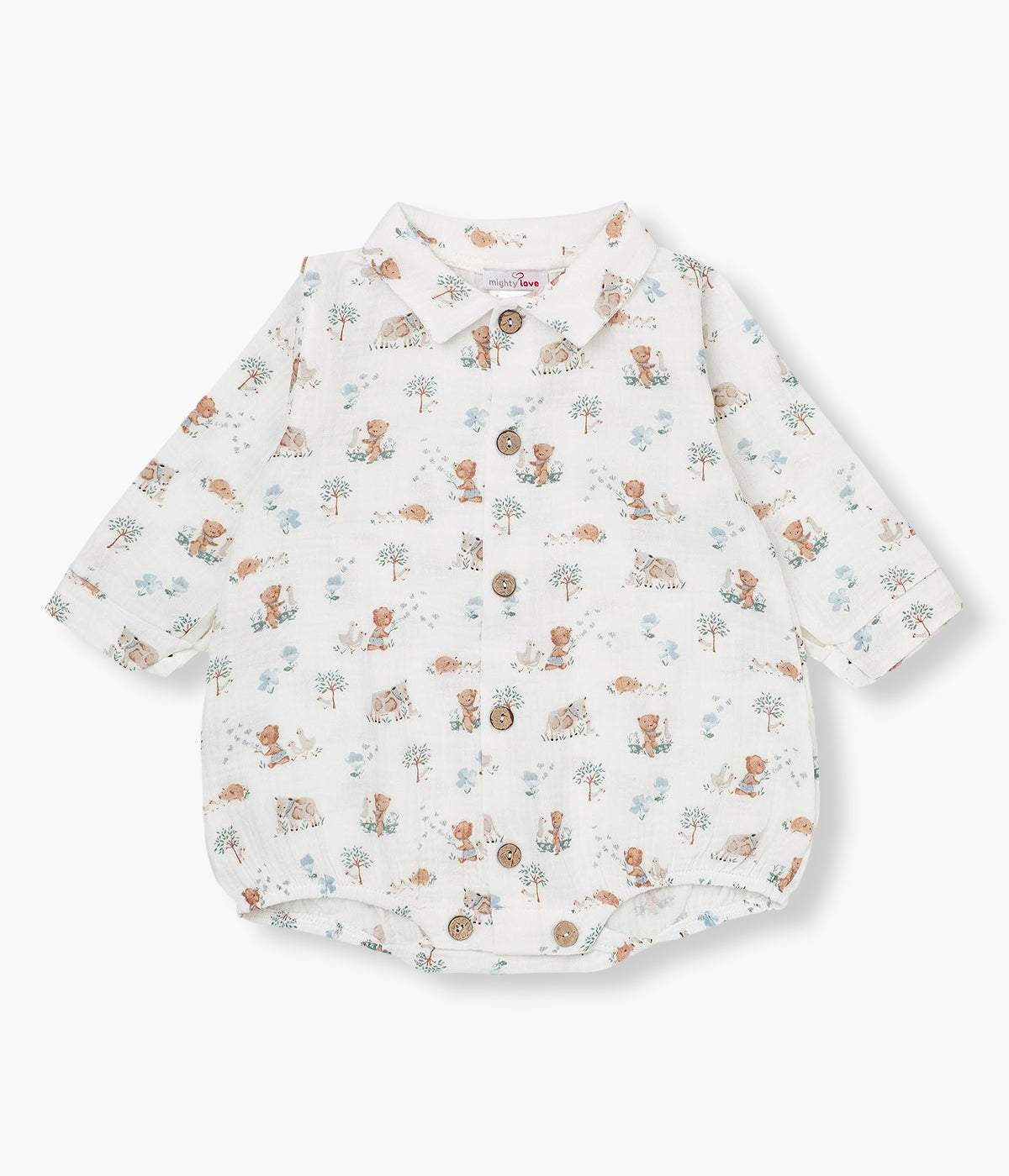 Fofo de manga comprida em musselina de algodão da Mighty Love para bebé e recém-nascido(a). Padrão animais em fundo pérola com gola bico. Abertura na frente e entrepernas.