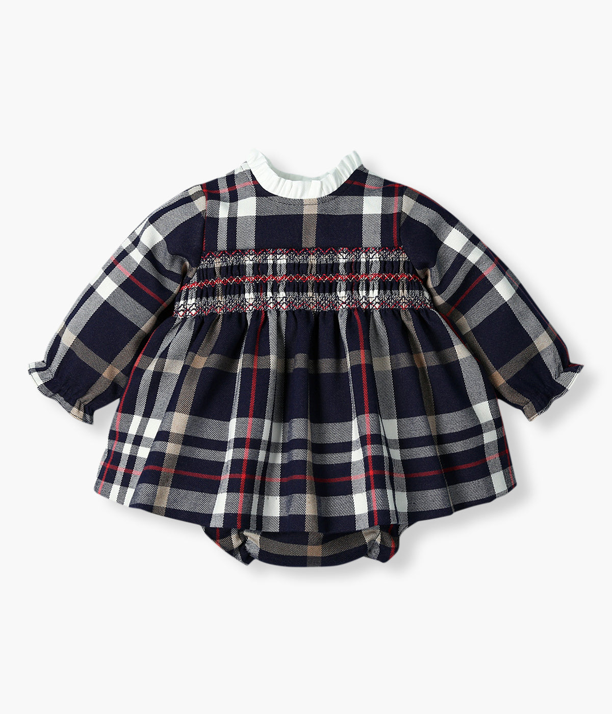 Vestido com tapa fraldas azul-marinho com padrão xadrez da Mac Ilusión para bebé menina e recém-nascida, 100% algodão. Elegante vestido com efeito favos no peito e tapa fraldas a combinar.