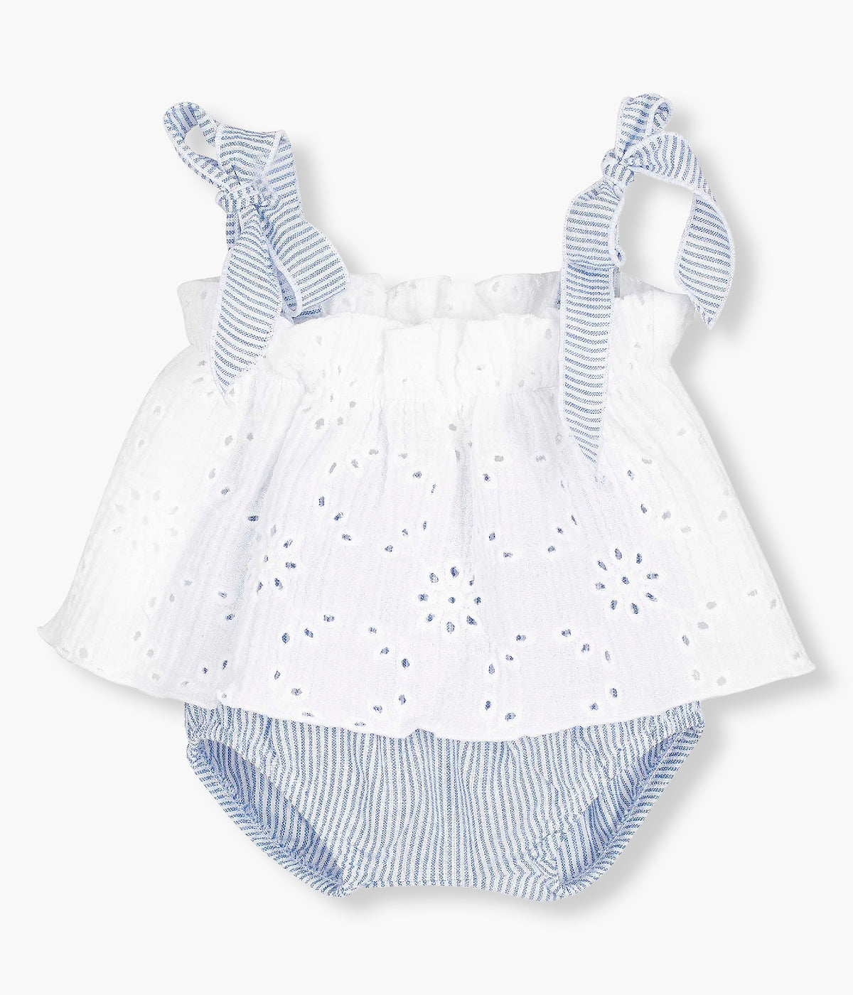 Conjunto em algodão da Calamaro Baby para bebé menina e recém‑nascida composto por blusa e tapa fraldas. Blusa em tecido musselina com bordado inglês perfurado. Tapa fraldas às riscas a combinar com as alças da blusa. Abertura nas alças.