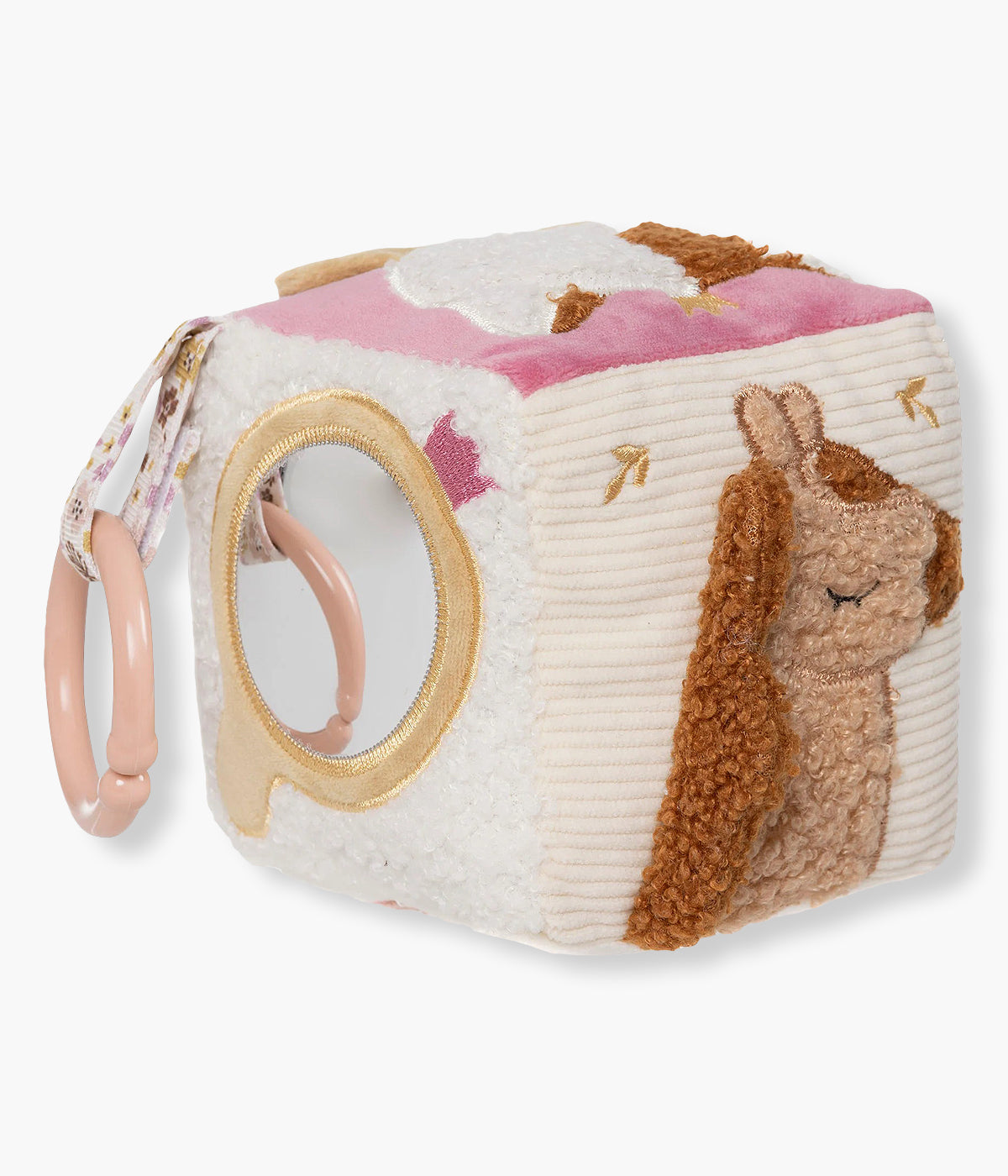 Cubo de Atividades Flower Fairies da Jollein para bebé menina e recém-nascida. Adorável cubo criado para acompanhar a bebé nos seus primeiros momentos de descoberta, combinando suavidade, elementos interativos e os encantadores motivos florais da coleção.