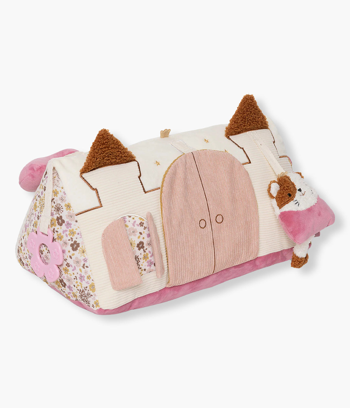 Triângulo de Atividades Flower Fairies da Jollein para bebé menina. Brinquedo sensorial em forma de castelo, com espelho, portas interativas, mordedor, texturas e elementos sonoros, perfeito para estimular o desenvolvimento do bebé enquanto brinca confortavelmente no parque ou tapete.