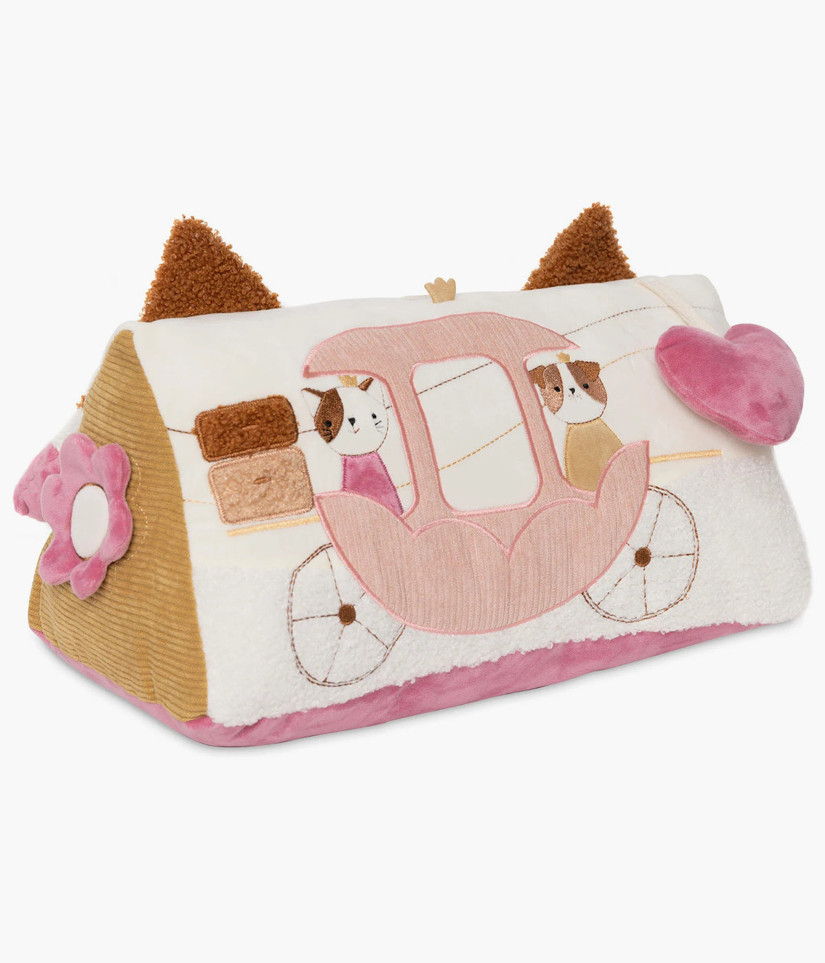 Triângulo de Atividades Flower Fairies da Jollein para bebé menina. Brinquedo sensorial em forma de castelo, com espelho, portas interativas, mordedor, texturas e elementos sonoros, perfeito para estimular o desenvolvimento do bebé enquanto brinca confortavelmente no parque ou tapete.