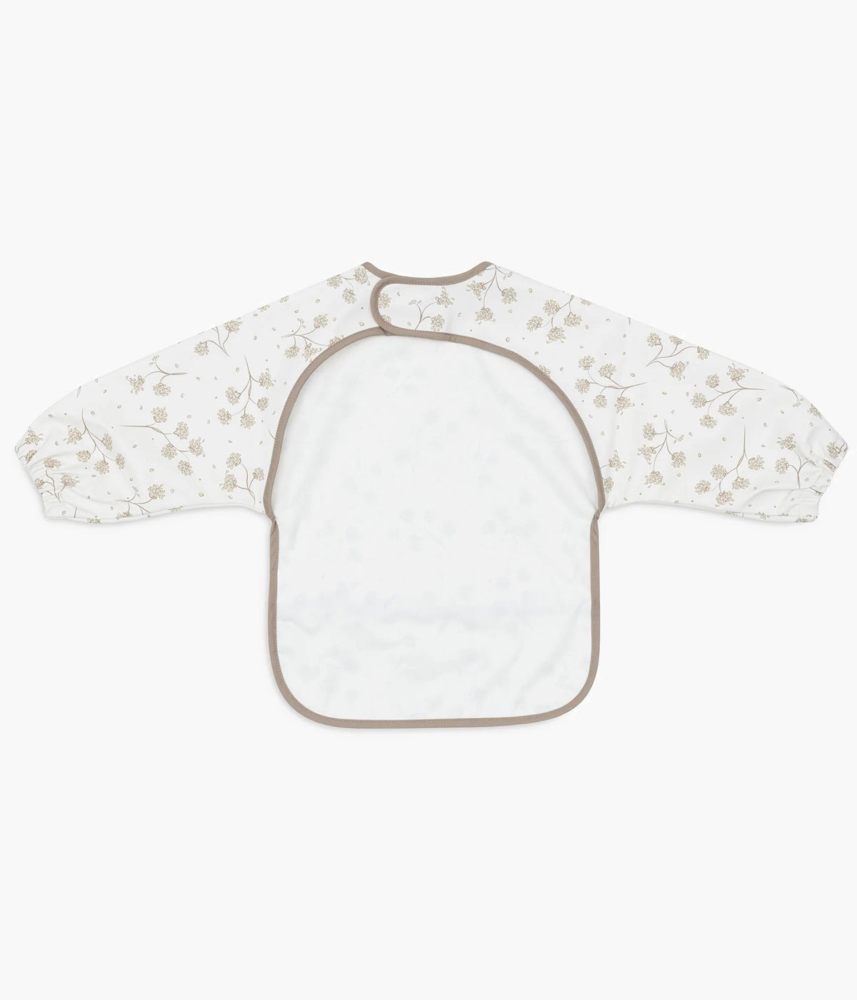 Babete impermeável pérola com mangas com padrão dentes-de-leão em tons de bege para bebé. Babete com mangas e bolso perfeita para o bebé utilizar nas refeições ou em outras atividades. Graças ao fecho em velcro, esta babete adapta-se tanto a bebés como a crianças pequenas.