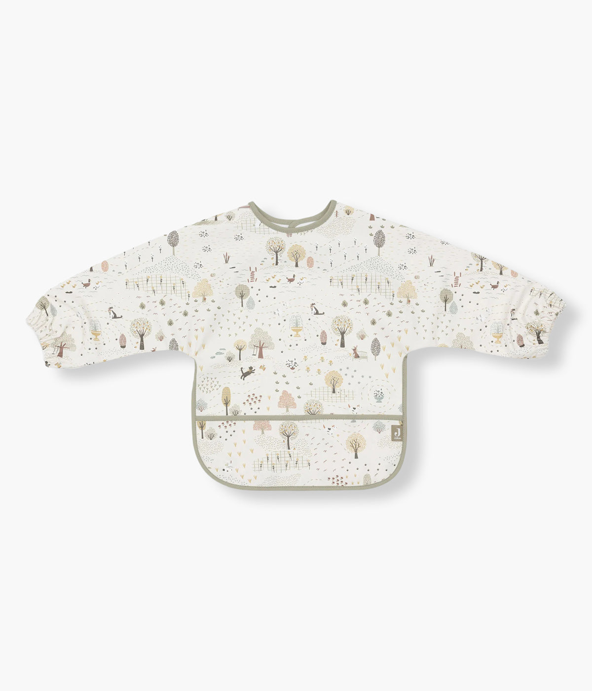 Babete impermeável com mangas pérola e verde com padrão animais e árvores Tiny Park da Jollein para bebé. Babete com mangas e bolso perfeita para o bebé utilizar nas refeições ou em outras atividades. Graças ao fecho em velcro, esta babete adapta-se tanto a bebés como a crianças pequenas.
