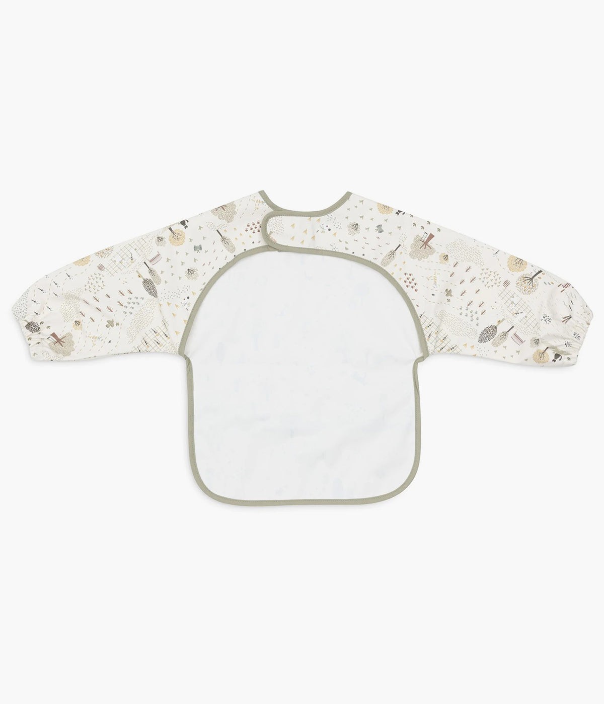 Babete impermeável com mangas pérola e verde com padrão animais e árvores Tiny Park da Jollein para bebé. Babete com mangas e bolso perfeita para o bebé utilizar nas refeições ou em outras atividades. Graças ao fecho em velcro, esta babete adapta-se tanto a bebés como a crianças pequenas.