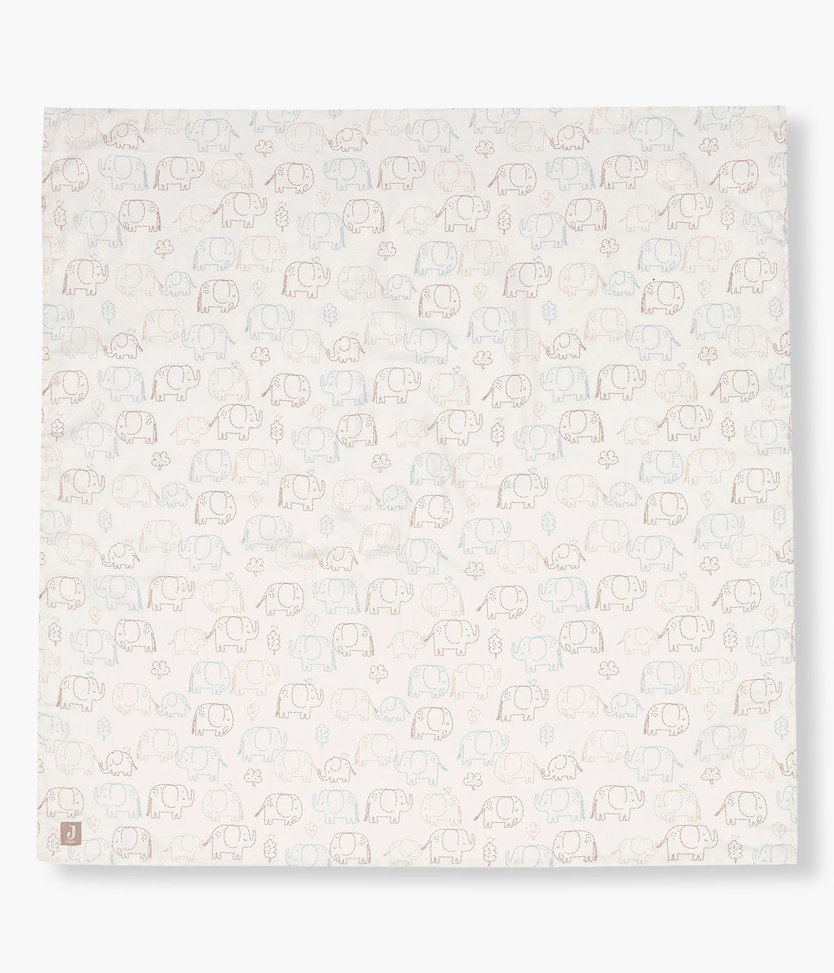 Swaddle musselina da Jollein coleção Elephant Tales para bebé, 100% algodão. Macia e delicada fralda pérola com padrão elefantes em tons de bege e azul com as dimensões de 115x115cm. Prática musselina com diversas utilizações tais como: swaddling, apoio à amamentação ou fresco cobertor.