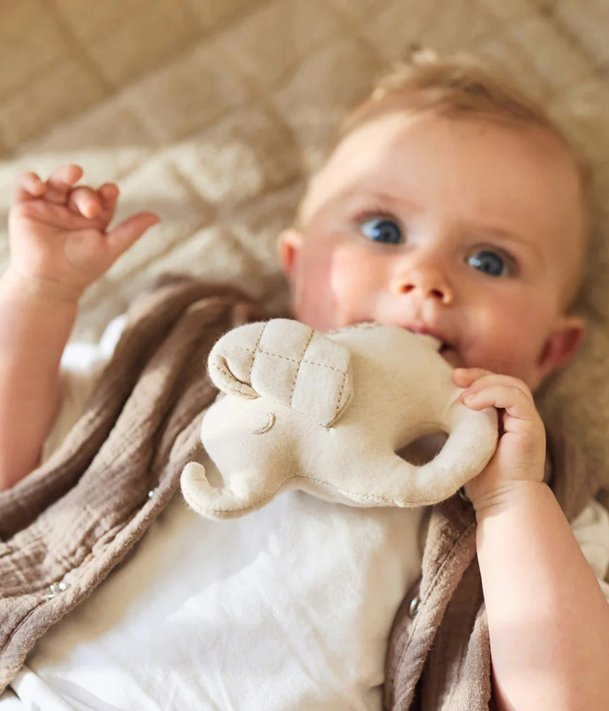 Chocalho com Argola Elephant Tales da Jollein. Fácil de agarrar pelas mãos pequeninas do(a) bebé, emite um alegre som ao ser agitado que estimula os sentidos. Com detalhes bordados, orelhas em padrão gingham e rabinho com nó, é um acessório essencial para os primeiros meses.