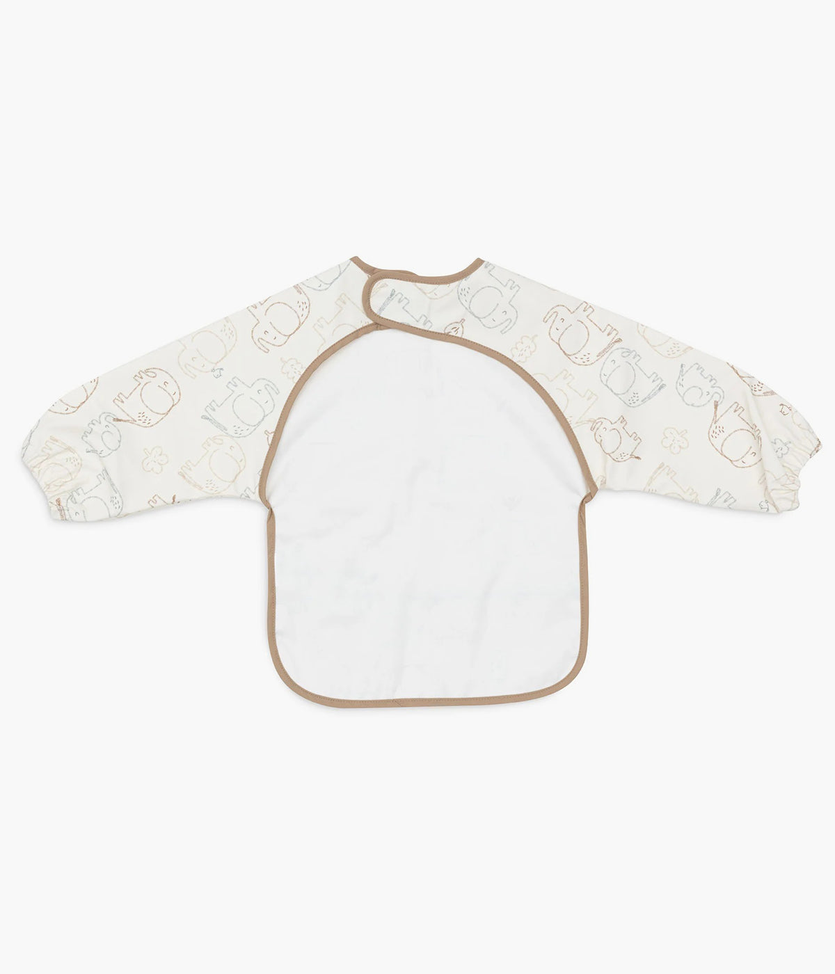 Babete impermeável pérola com mangas com padrão elefantes em tons de bege e azul Elephant Tales da Jollein para bebé. Babete com mangas e bolso perfeita para o bebé utilizar nas refeições ou em outras atividades. Graças ao fecho em velcro, esta babete adapta-se tanto a bebés como a crianças pequenas.