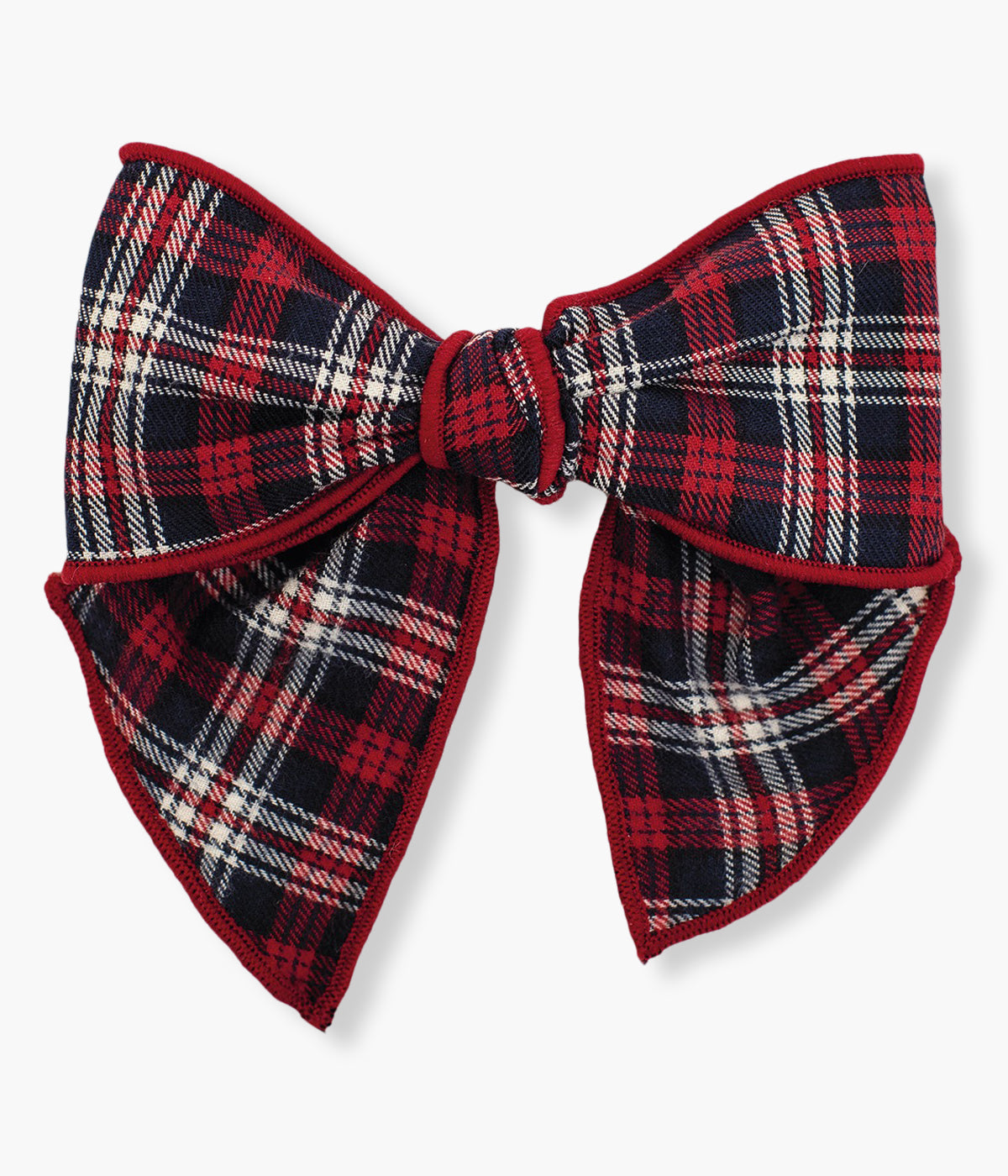 Gancho de cabelo com laço com padrão xadrez vermelho e azul-marinho da Calamaro Baby para bebé menina e recém-nascida.