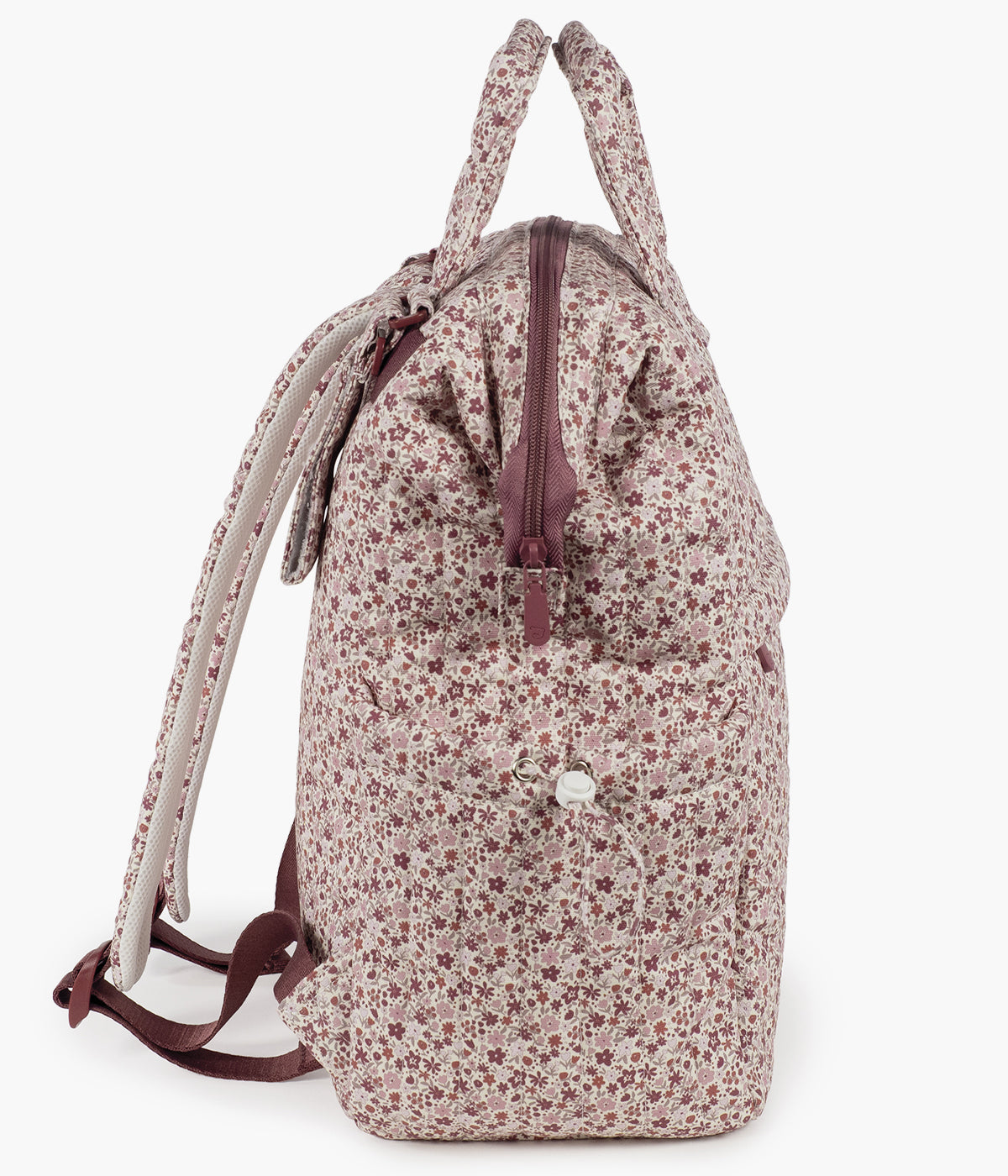 Mochila de maternidade Cherry Flowers da Pasito a Pasito vista de lado.