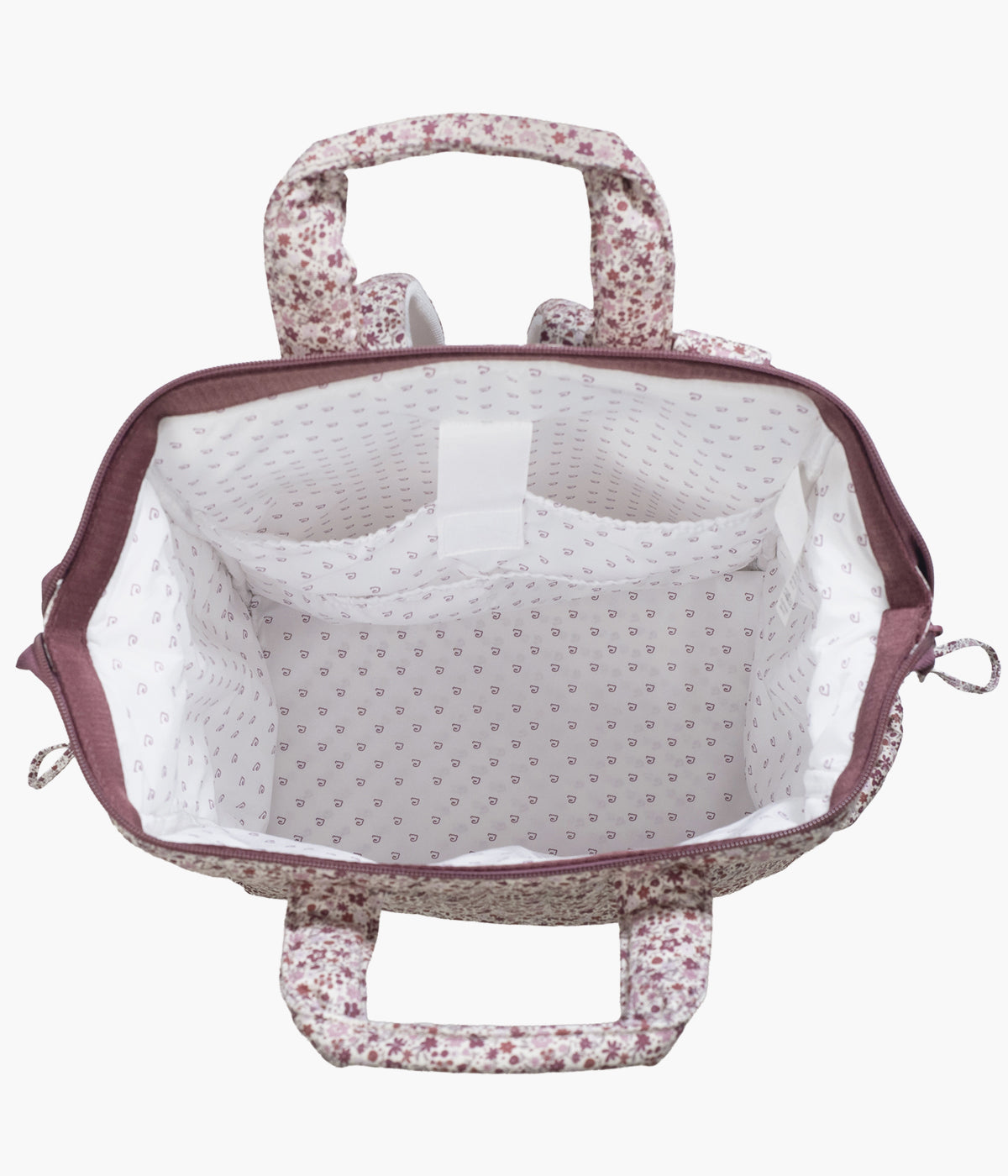 Mochila de maternidade Cherry Flowers da Pasito a Pasito aberta com compartimentos à vista.