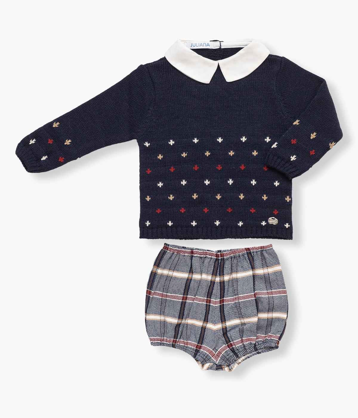 Conjunto de 2 peças da Juliana para bebé e recém-nascido(a) adequado para natal. Camisola em malha azul-marinho com gola branca. Tapa fraldas padrão xadrez com forro em tecido.