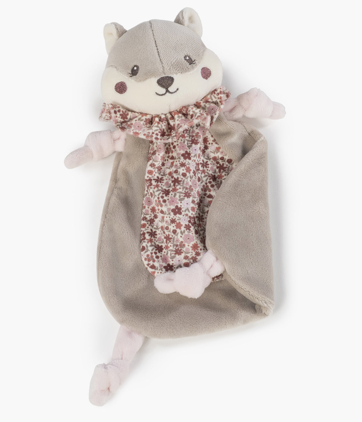 Doudou Pasito a Pasito Cherry Flowers em forma de esquilo para bebé menina e recém-nascida. Perfeita combinação de veludo com detalhes florais e peluche extra macio, proporcionando uma textura delicada ao toque, ideal para acalmar, reconfortar e estimular o sentido do tato desde o nascimento.