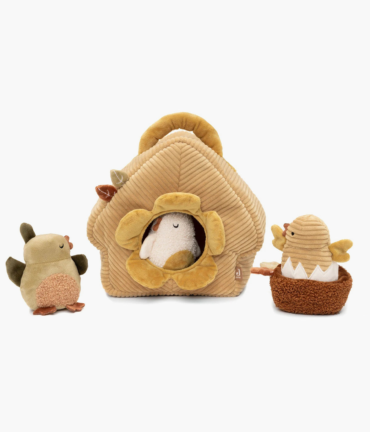 Casa dos Pássaros Tiny Park da Jollein para bebé. Lulu, Chirp e Feather escondem-se dentro de uma encantadora casa-ninho com abertura em forma de flor, sons crocantes e pega de transporte. Um brinquedo ternurento e estimulante para os mais curiosos.