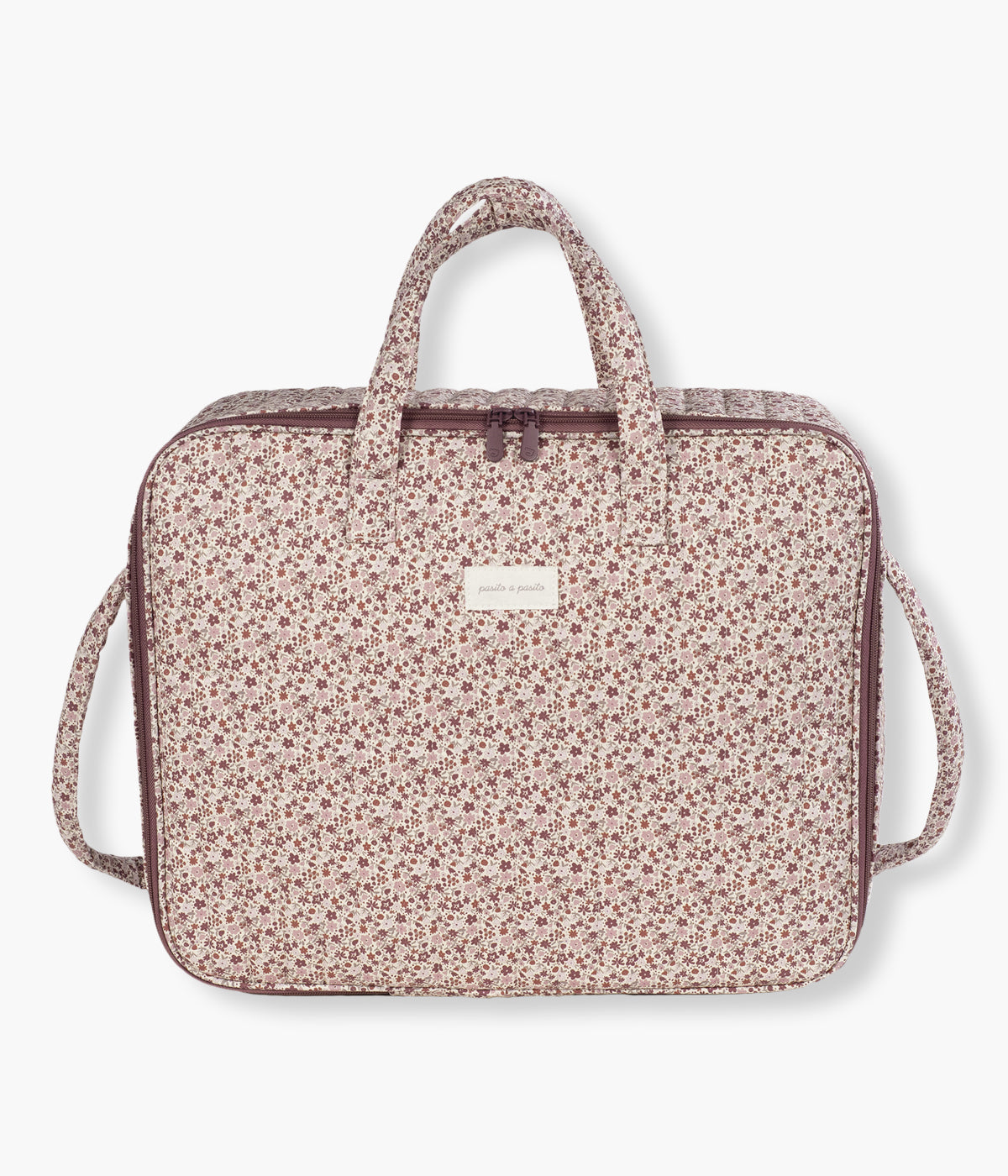 Mala de maternidade Pasito a Pasito Cherry Flowers com exterior em algodão impermeável com padrão floral rosa de formato retangular ideal para levar para a maternidade. Oferece grande capacidade, resistência e um toque de charme inconfundível.