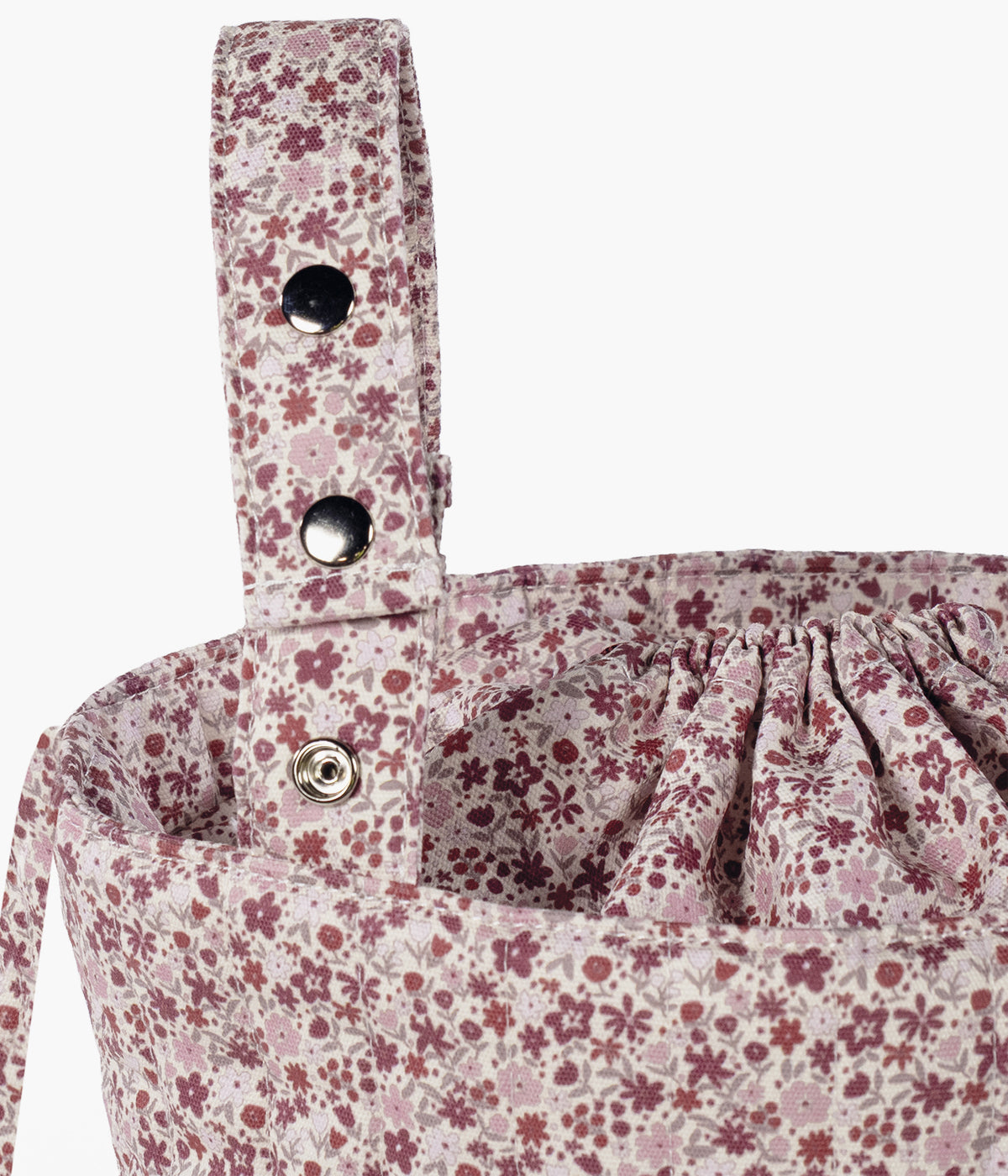 Bolsa Bucket Pasito a Pasito Cherry Flowers com alças para pendurar no carrinho.
